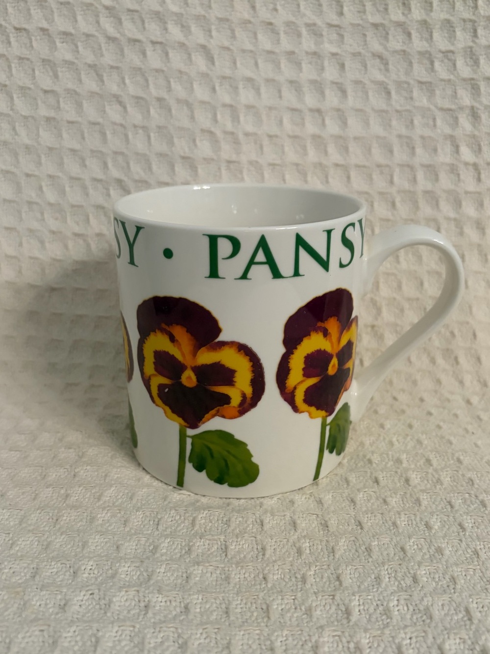 Kent Pottery White Floral Pansy Ceramic Mug Yellow & Purple Pansy Design